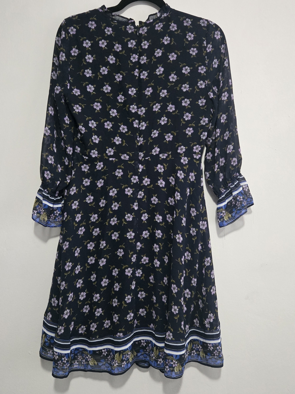 CeCe Black Long-Sleeve Floral Fit-and-Flare Dress with Lilac Blooms